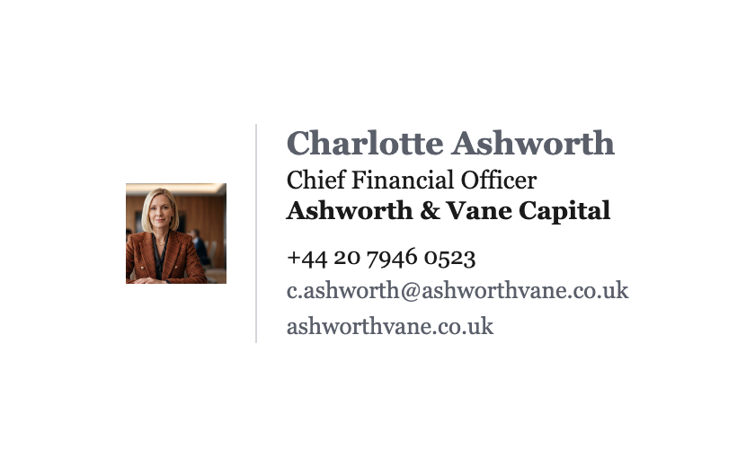 Email signature for Charlotte Ashworth, Chief Financial Officer at Ashworth & Vane Capital