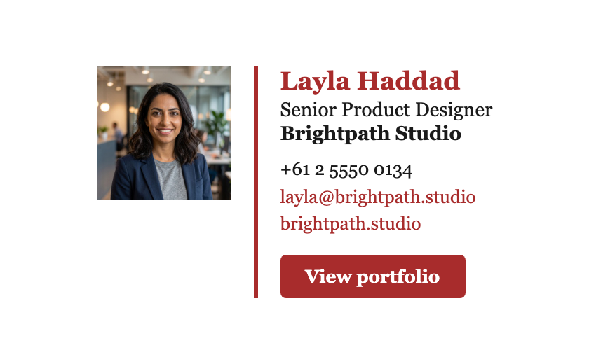 Email signature for Layla Haddad, Senior Product Designer at Brightpath Studio