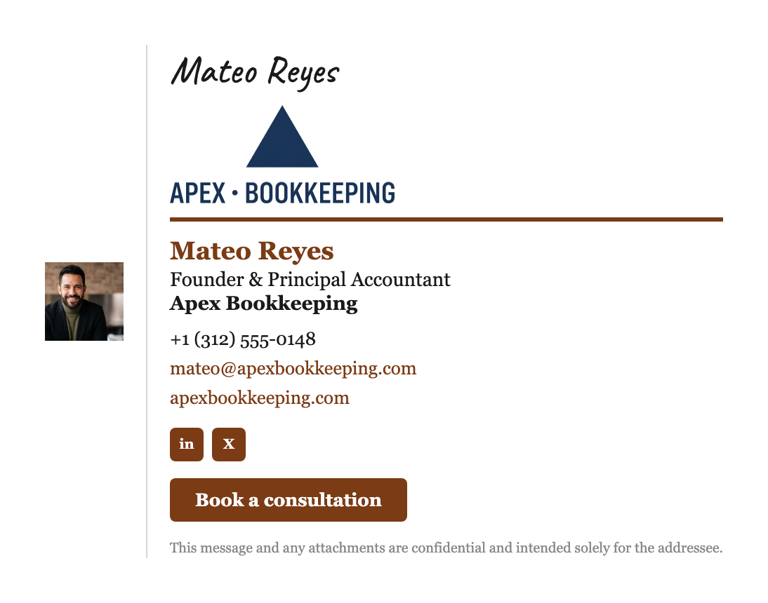 Email signature for Mateo Reyes, Founder & Principal Accountant at Apex Bookkeeping