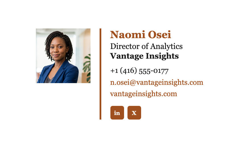 Email signature for Naomi Osei, Director of Analytics at Vantage Insights