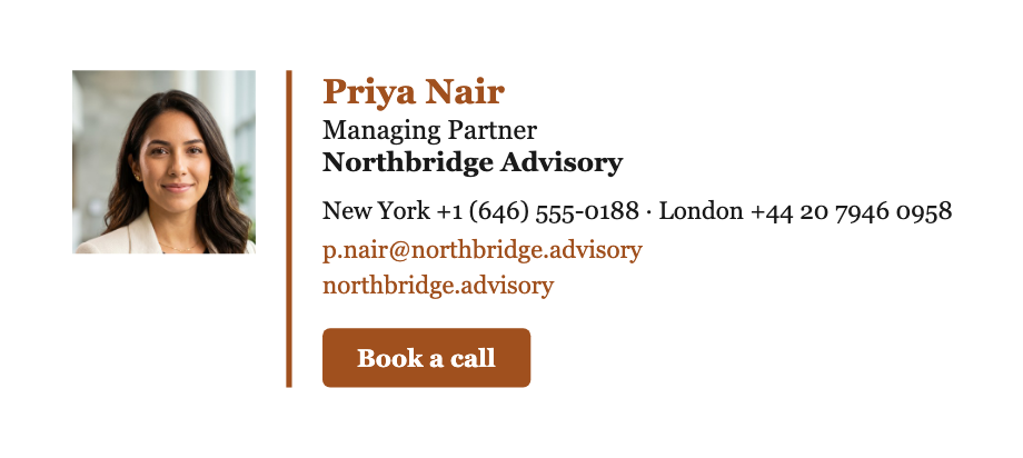 Email signature template for a consultant — Priya Nair, Managing Partner at Northbridge Advisory