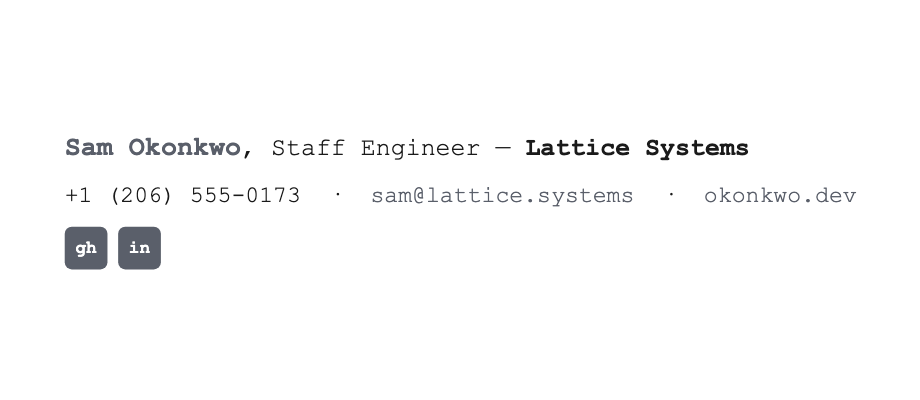 Email signature template for a developer — Sam Okonkwo, Staff Engineer at Lattice Systems