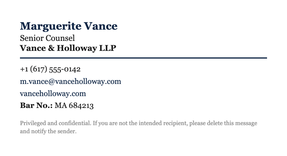 Email signature template for a lawyer — Marguerite Vance, Senior Counsel at Vance & Holloway LLP