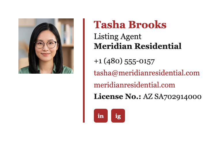 Email signature template for a realtor — Tasha Brooks, Listing Agent at Meridian Residential